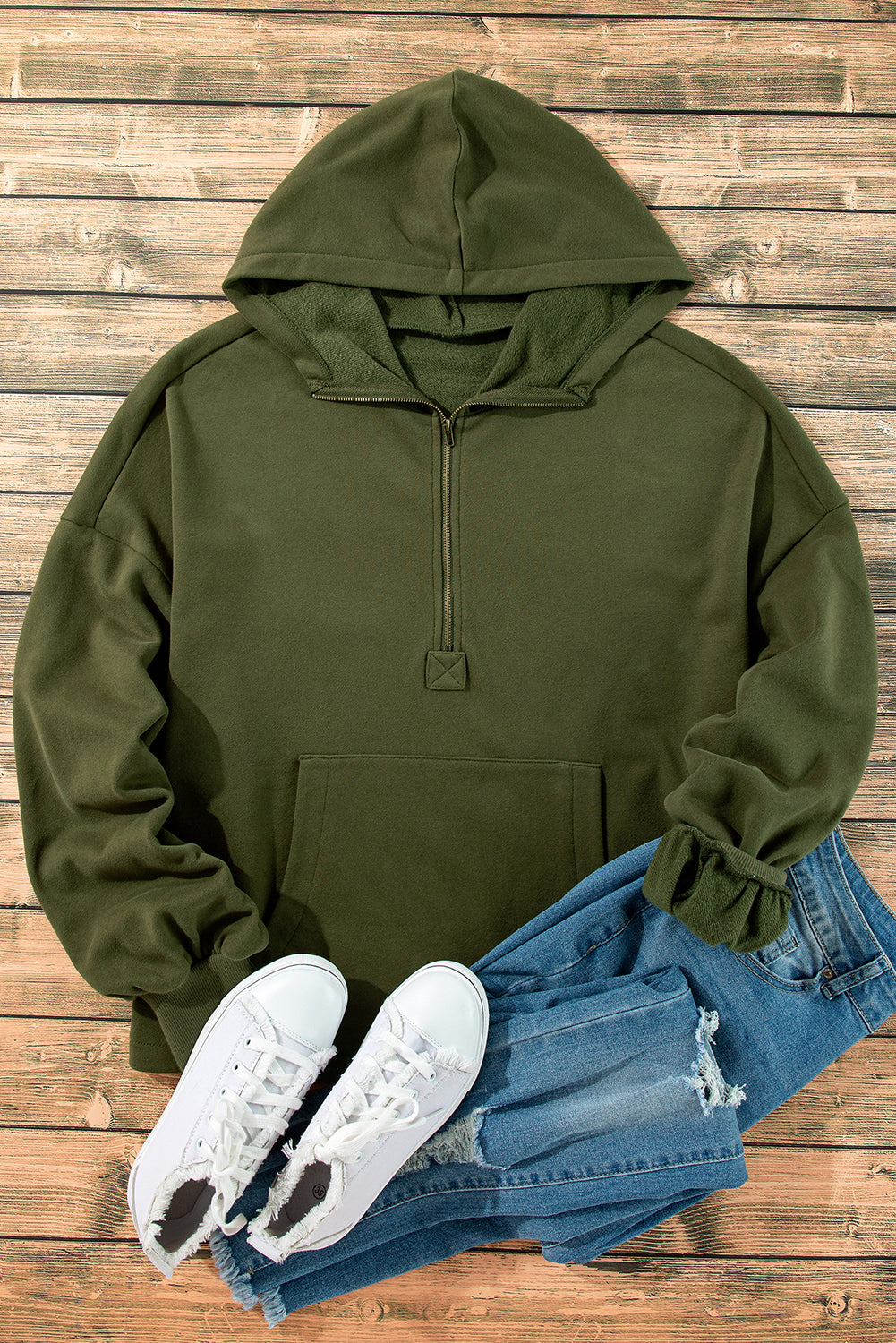 Moss Green Fleece ausgesäumt halb Reißverschluss Känguroo Taschen Loose Hoodie