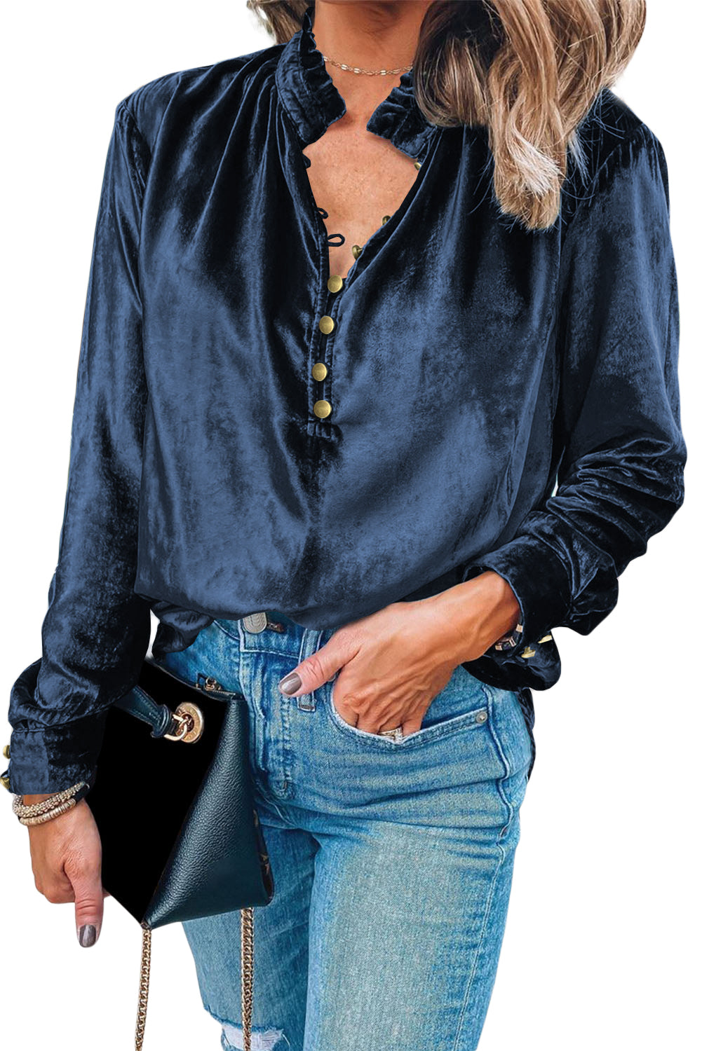 Navy Blue Frilled Neck Buttoned Front Velvet Top