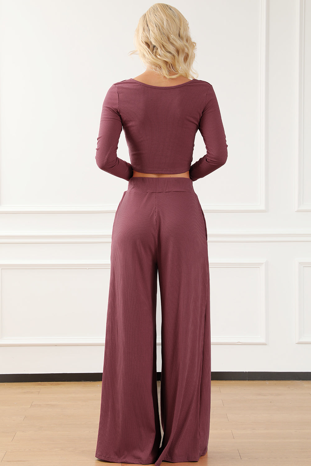 Solid Color Ribbed Crop Top and Long Pants Set