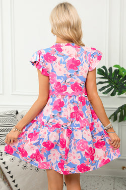 Ric Rac Notched V-Neck Floral Print Flutter Sleeve Pink Dress