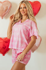 Ensemble t-shirt col V et short en tricot gaufré rose *-A WOMAN WE LOVE