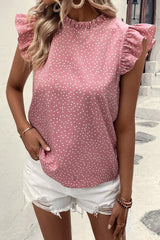Blouse rose à pois et volants à manches flottantes et col à volants-A WOMAN WE LOVE