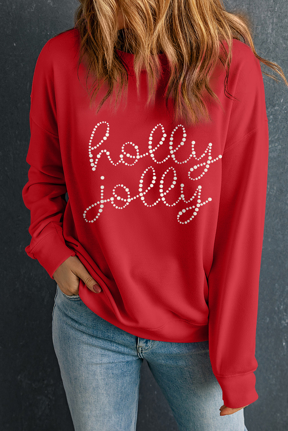 Sweat-shirt Graphique Rouge Noël Holly Jolly Lettre Strass Céramique