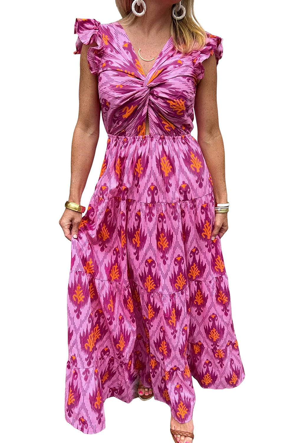 Bonbon Retro Stamping Twisted Front Front Sleeve Maxi Dress