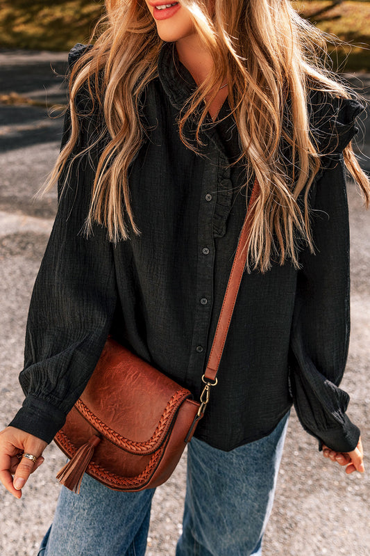 Black Textured Ruffled Trim Buttoned Loose Fit Shirt