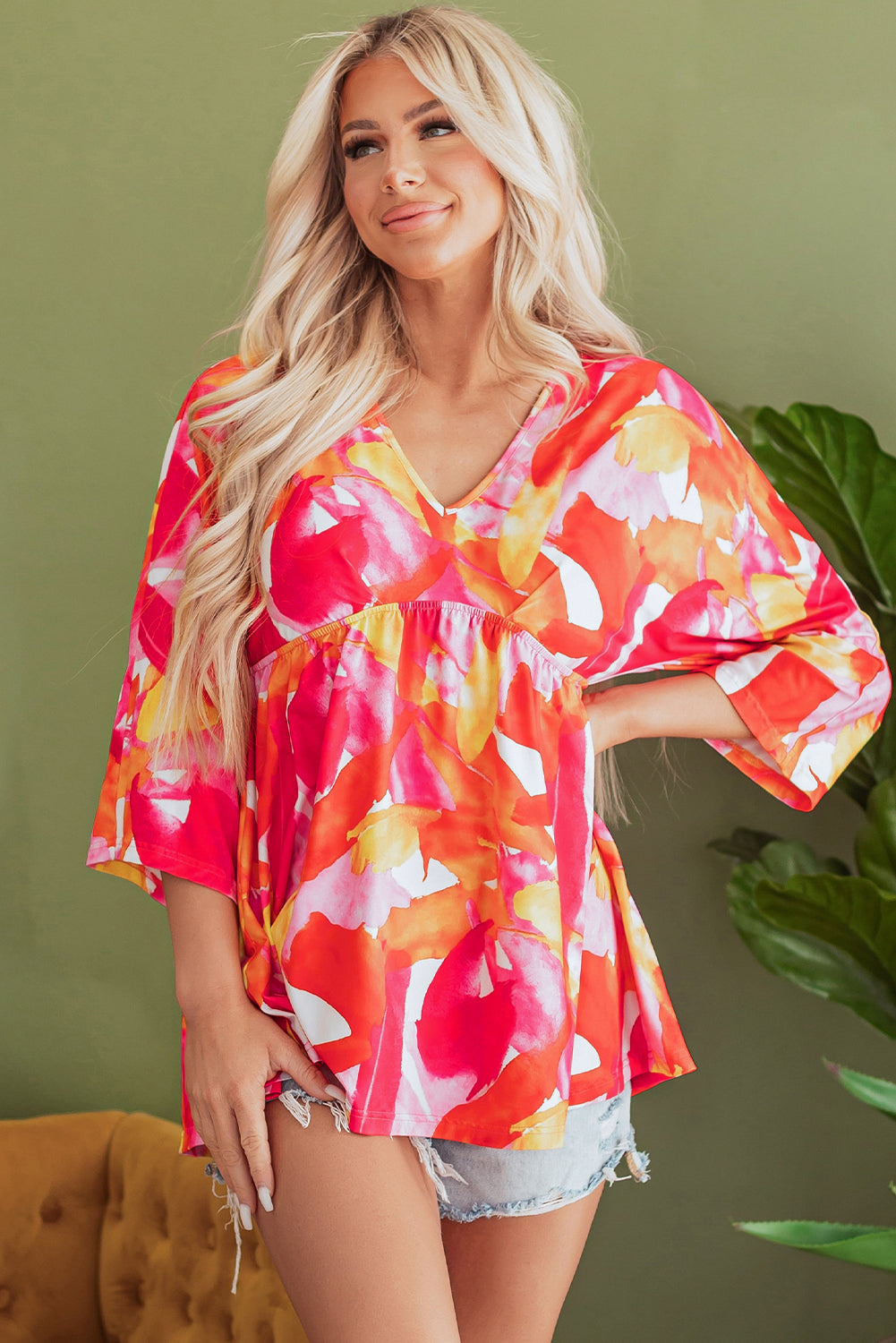 Chemisier babydoll orange à imprimé abstrait, manches 3/4, col en V, volants-A WOMAN WE LOVE