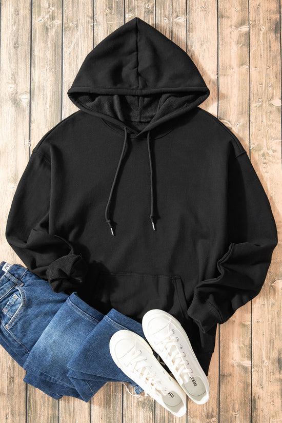 Black thick hoodie with kangaroo pocket and fleece-lined drawstring