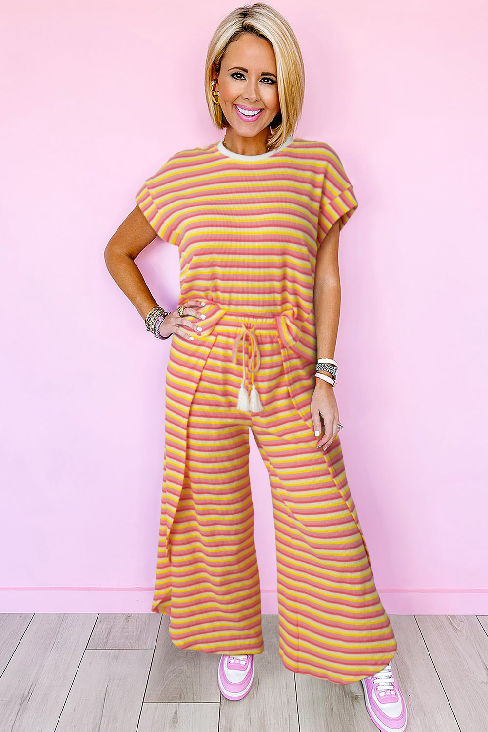 Wide leg pants set with yellow striped rainbow t-shirt and fringed string