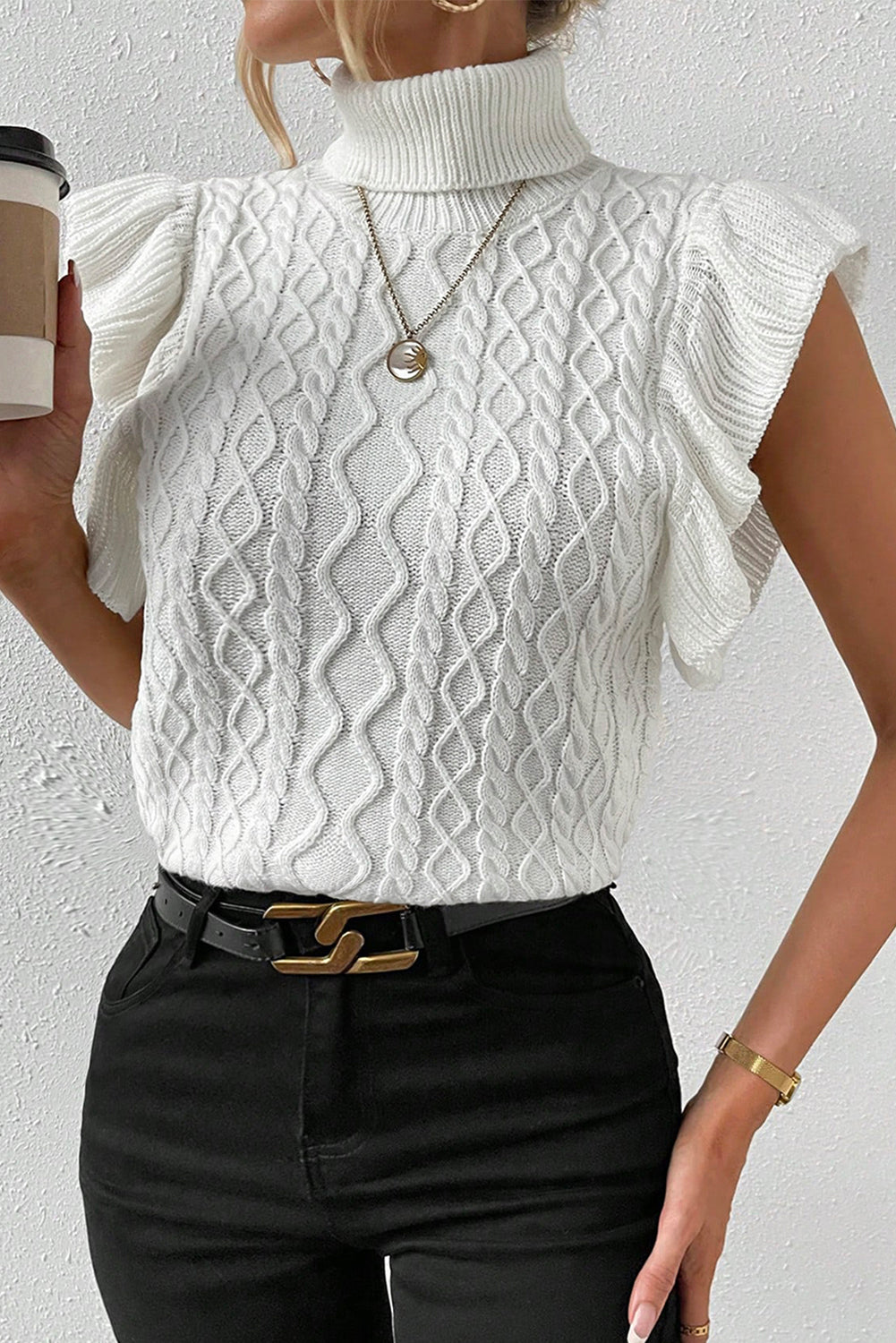 White Turtle Neck Short Sleeve Cable Knit Ruffled Sweater