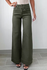 Jean large taille haute à 2 boutons vert brume