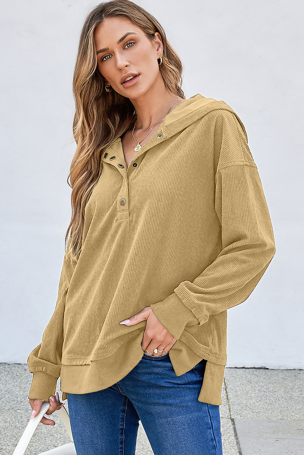 Einfach Taupe Massive gerippte Strick -Knopftropfen Schulter übergroße Hoodie