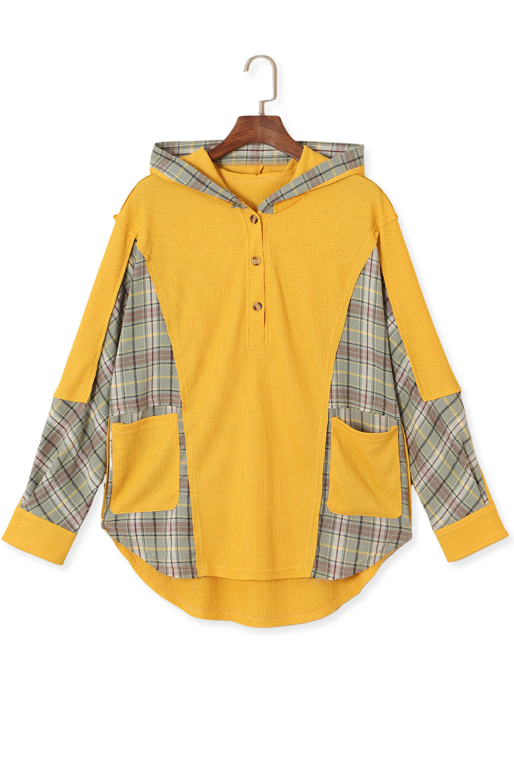 Sweat à capuche Henley jaune avec poches et patchwork à carreaux en tricot gaufré