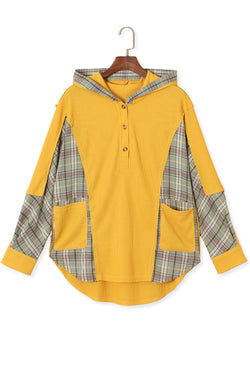 Yellow Henley Hoodie with Pockets and Waffle Knit Plaid Patchwork