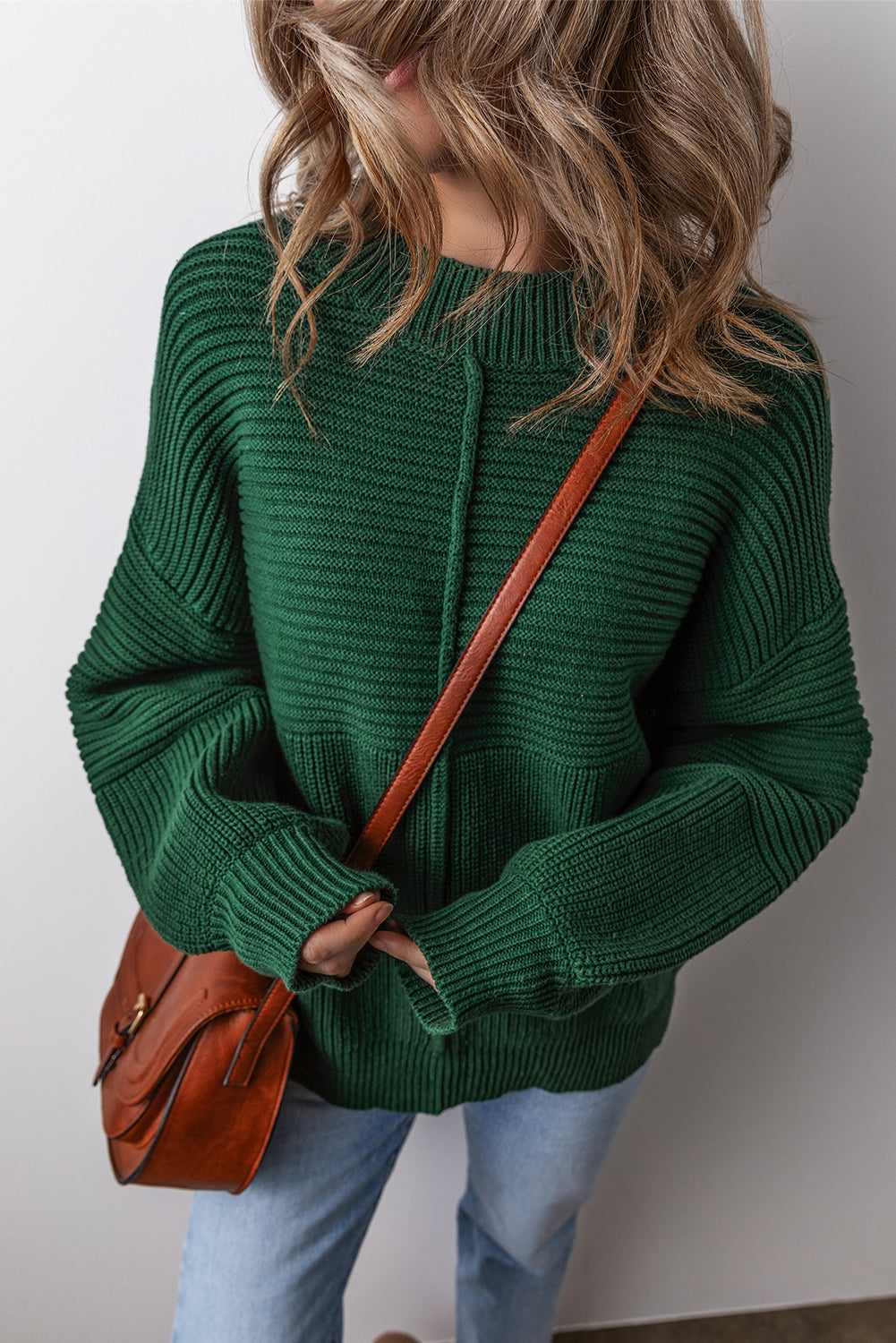 Blackish Green Textured Knit Round Neck Lantern Sleeve Sweater