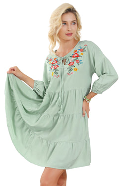 Green tiered floral embroidered ruffle dress