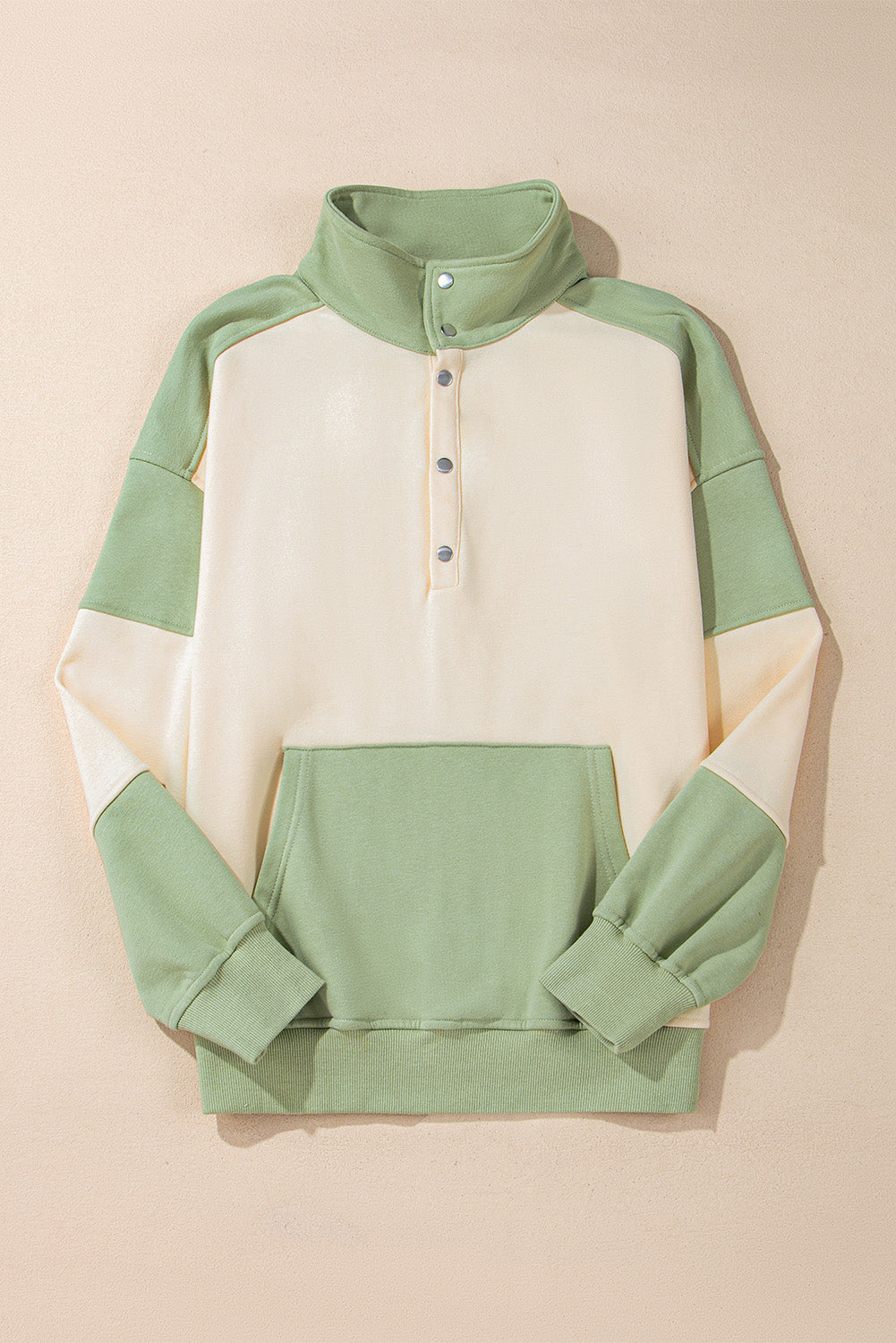 Sweat-shirt à poche kangourou et col boutonné en patchwork color block vert Laurel