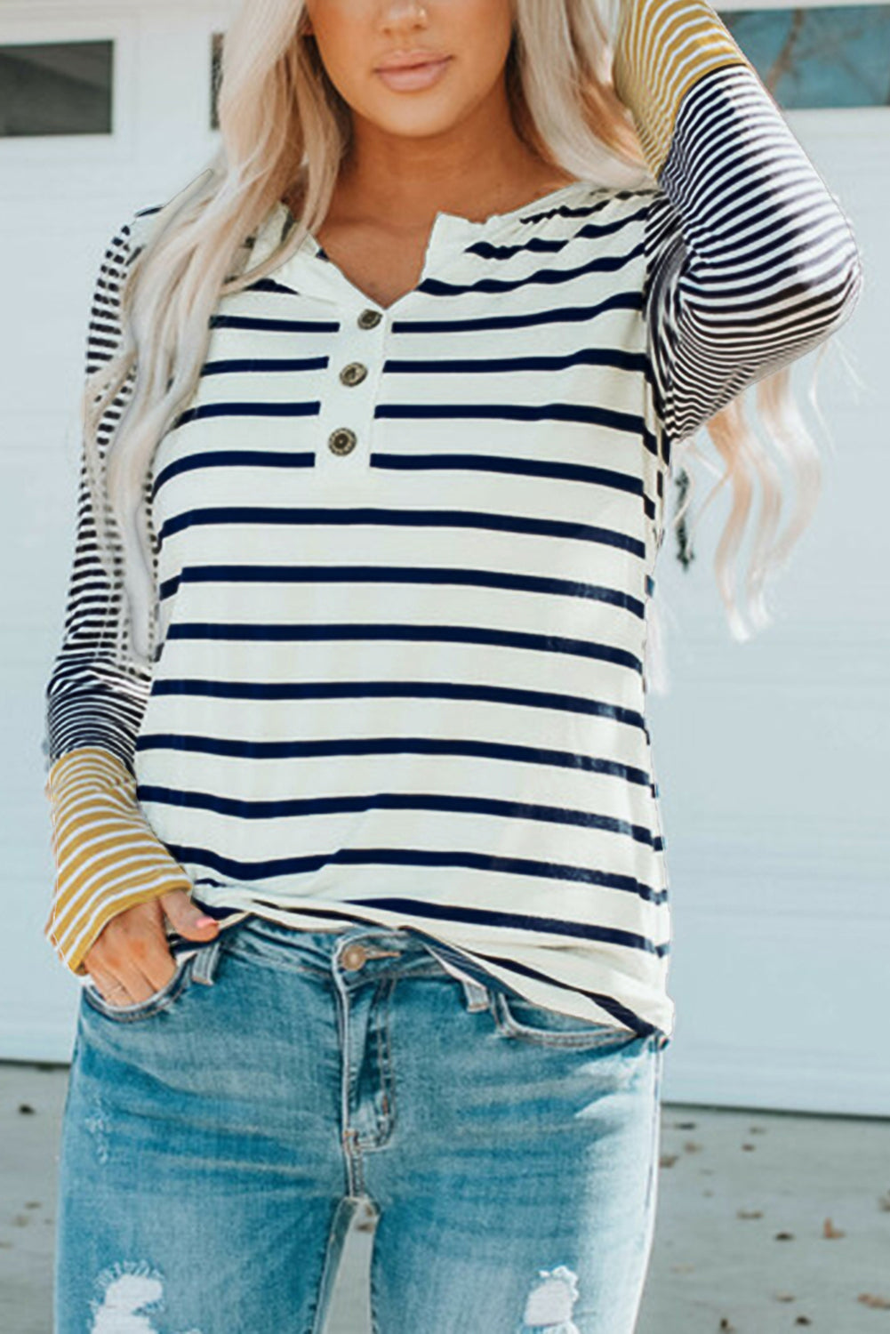 High Henley Striped button and long sleeves