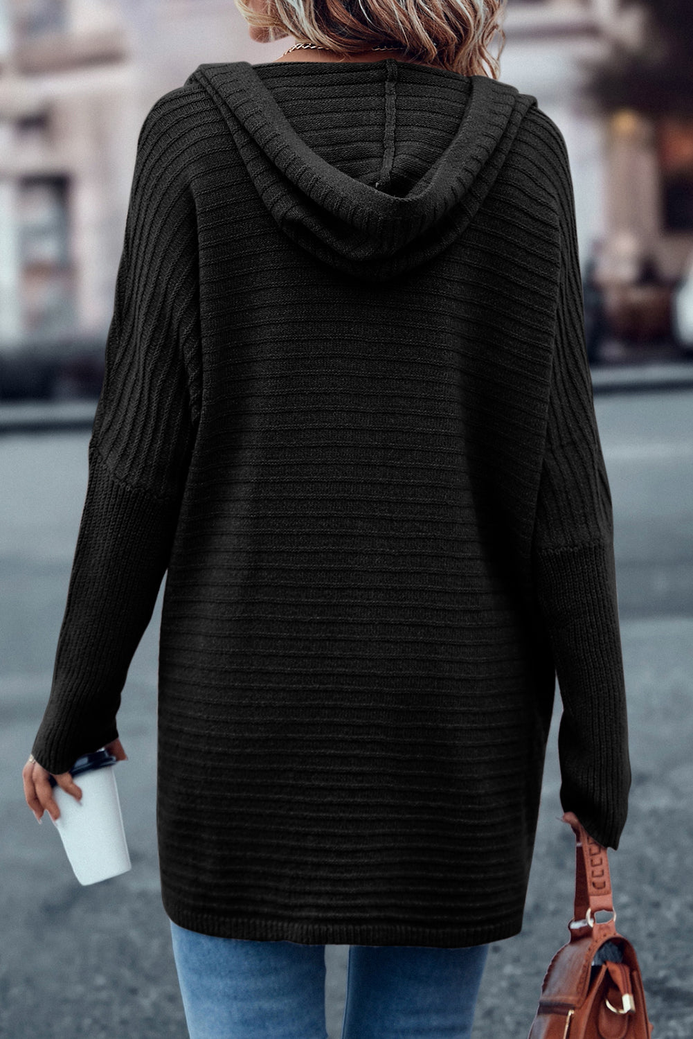 Black Horizontal Rib Knitted Open Front Hooded Cardigan