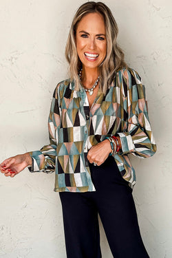 Ballooned Green Geometric Print Greek Sleeve Shirt