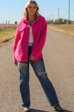 Hot Pink Faux Suede Patchwork Sherpa Button Down Jacket