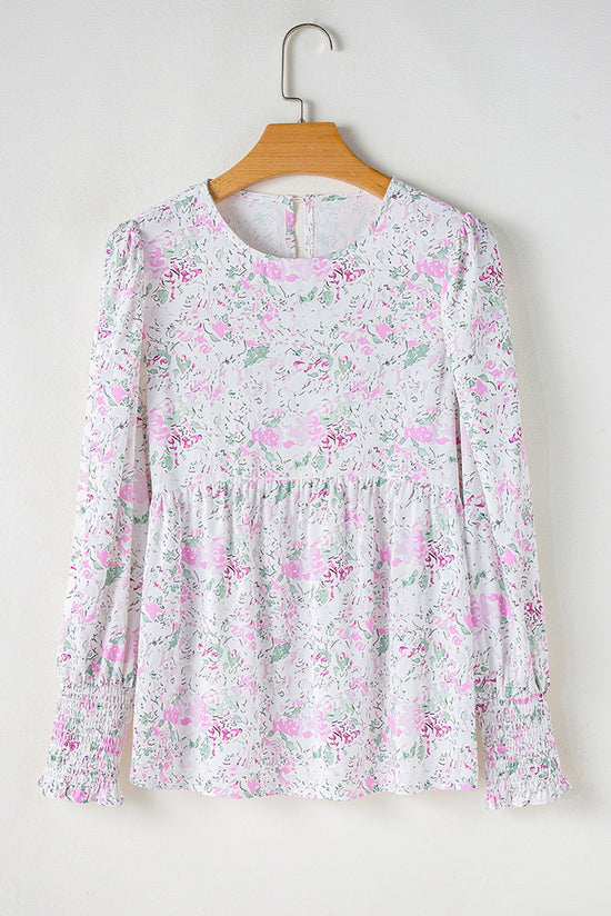 Babydoll pink blouse with floral print and frozen balloon sleeves with lock hole on the back