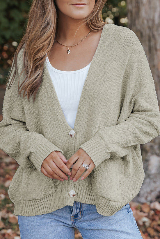 Grey sweater cardigan with front pockets and buttons