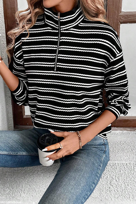 Black Striped Textured Zip Neck Long Sleeve Top