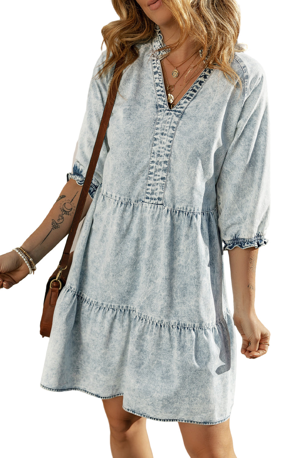 Dusk Blue Acid Wash Retro Robe en jean évasé à manches demi-manches