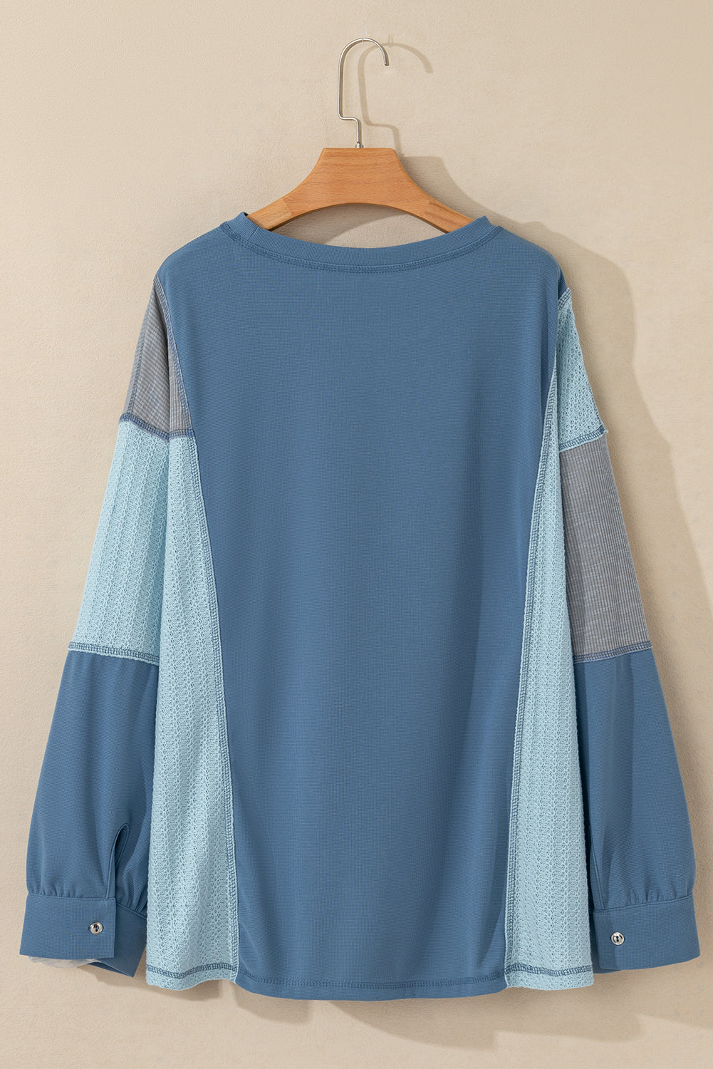 Twilight Blue Color Block Stitching Patchwork Button Up Long Sleeve Top