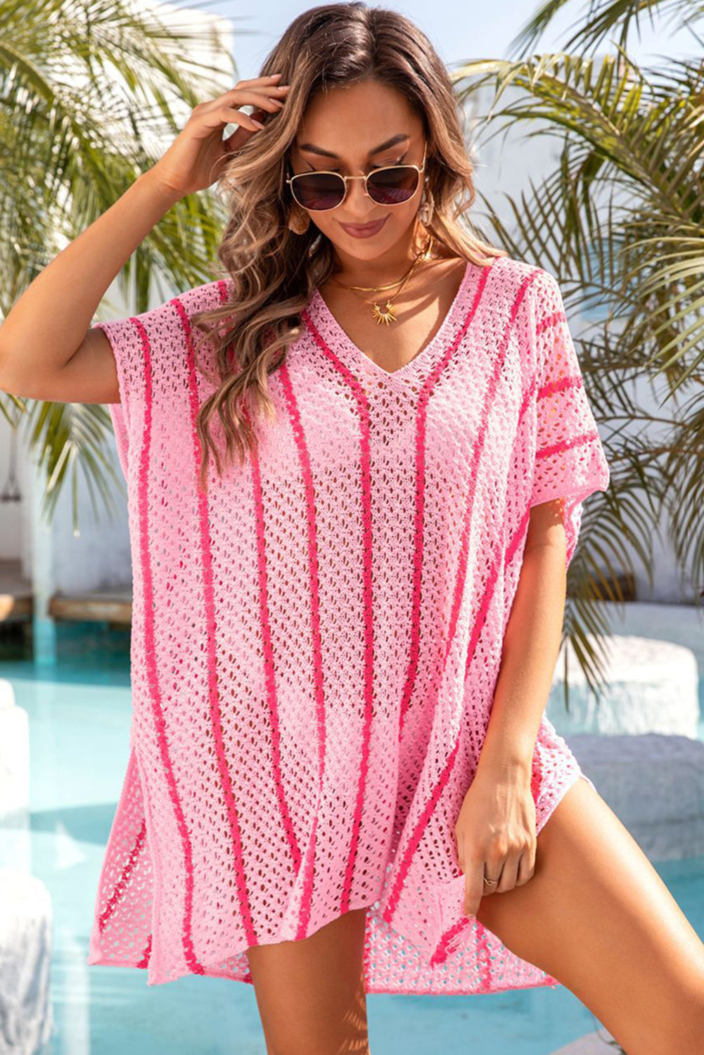 Cache-maillot de plage rose rayé au crochet, coupe ample, col en V