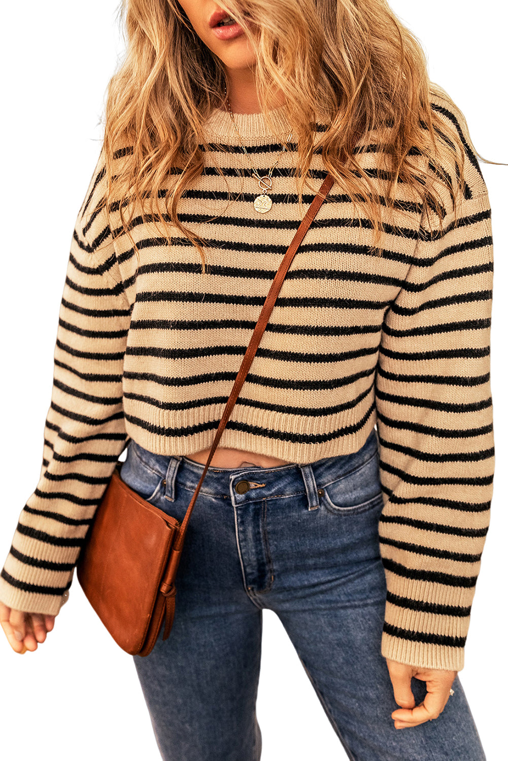 Light French Beige Striped Knit Crew Neck Drop Shoulder Cropped Sweater