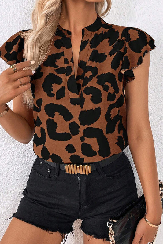 Leopardo marrón rubor volador de aleteo blusa de cuello dividido