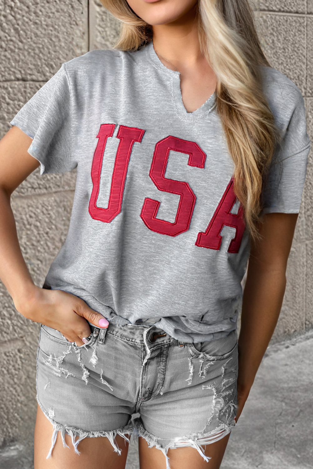 Light gray light t-shirt with lettering USA and notched collar