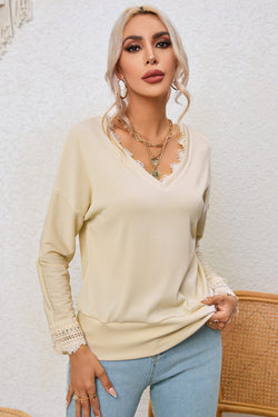 Apricot Ribbed Textured Long Sleeve V-Neck Top