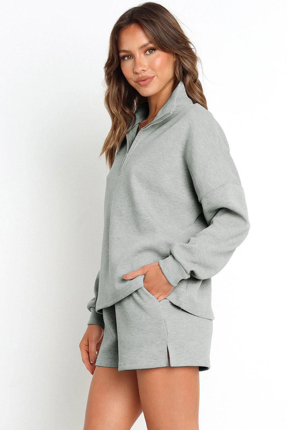 Gray Ribbed Zipper Sweatshirt and High Waist Shorts Set