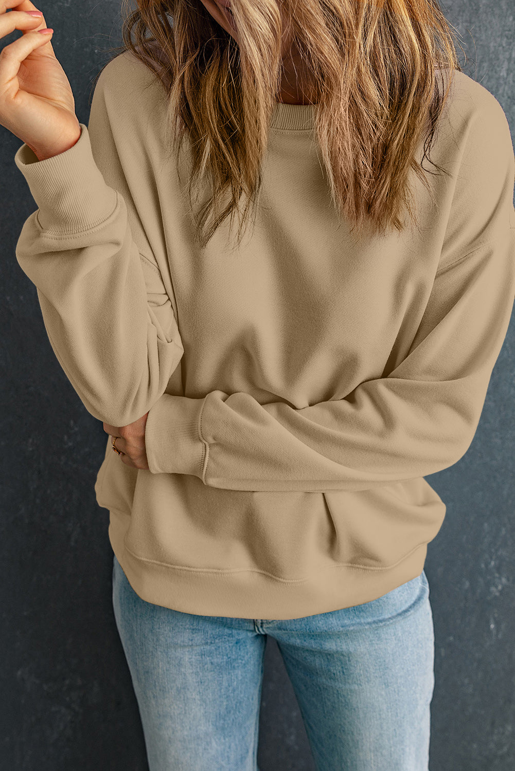 Khaki Solid Classic Crewneck Pullover Felpa