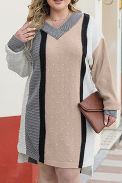 Large -size color lock apricot sweater dress