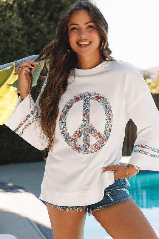 Jet Stream Floral Peace Signo Graphic Drop de manga ancha Top informal