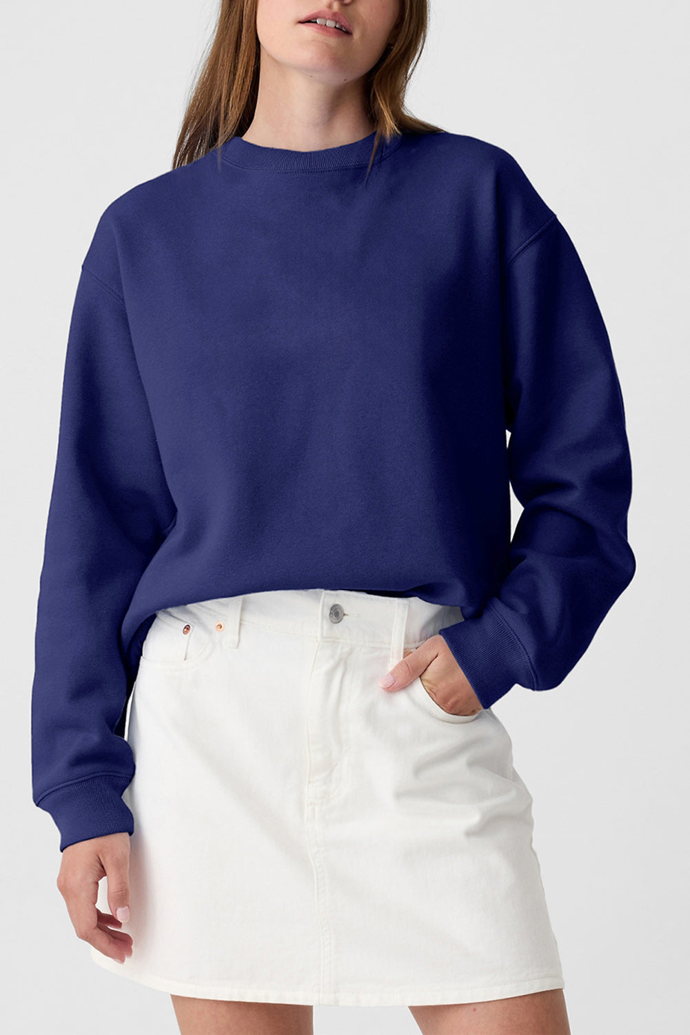 Marineblaues Schadens -Schulter -Crewneck Pullover Sweatshirt