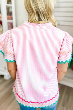 Ricrac striped pink blouse and split collar, striped, ruffle sleeves