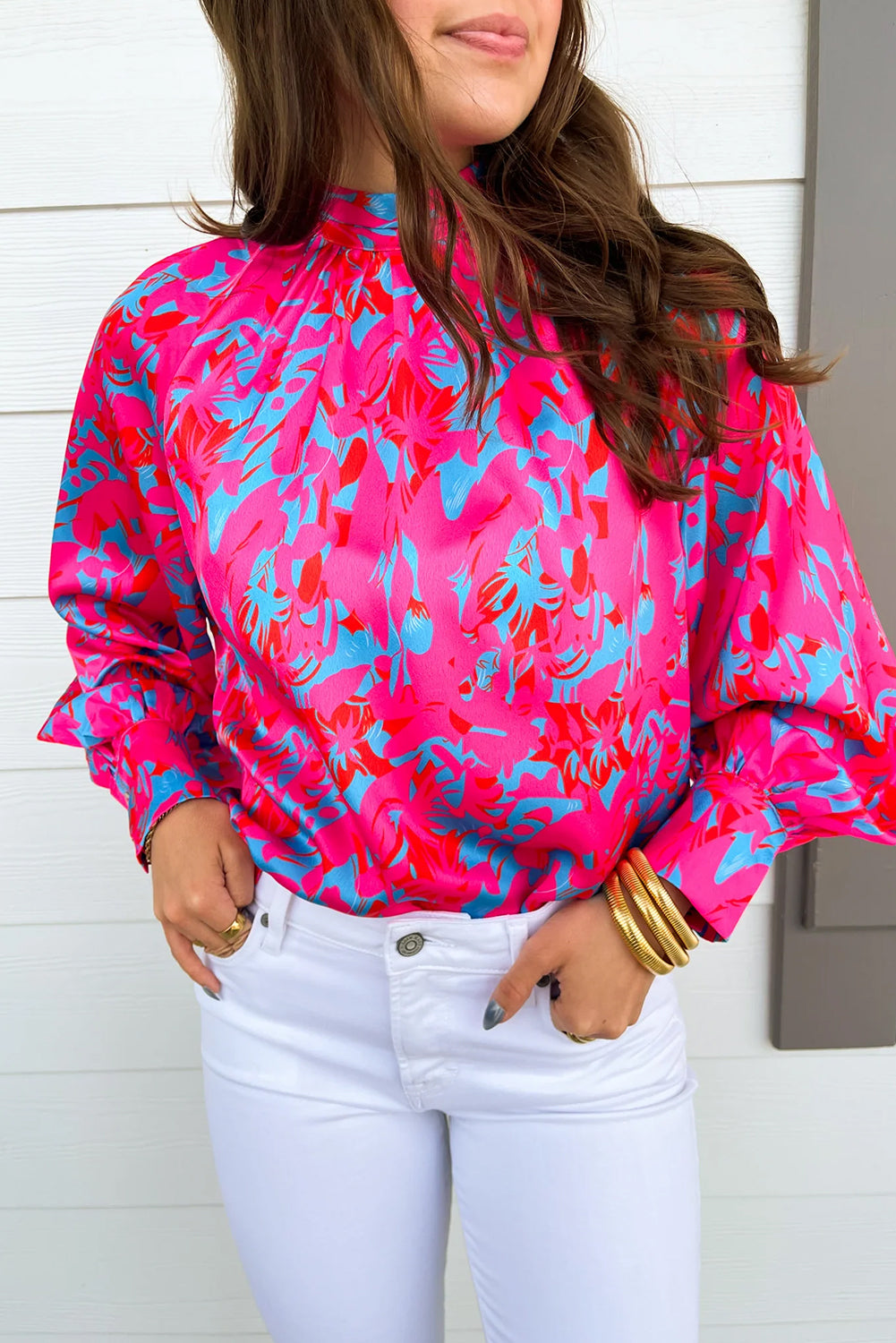 Blouse violette imprimée à manches bulles et col montant-A WOMAN WE LOVE