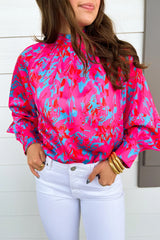 Blouse violette imprimée à manches bulles et col montant-A WOMAN WE LOVE