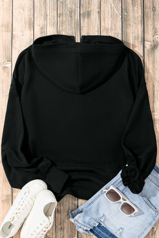 Black Solid Oversized Hoodie with Kangaroo Pocket and Half Zip