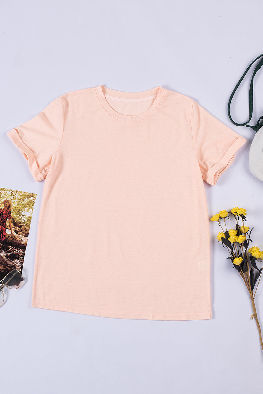 Camiseta de cuello redondo rosa unido