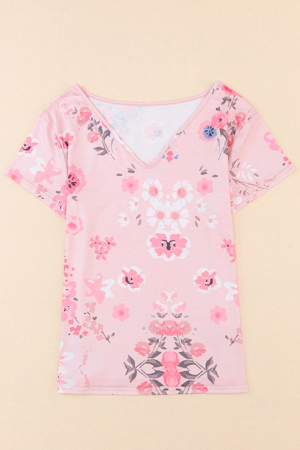 Camiseta de estampado floral Pink V Neck