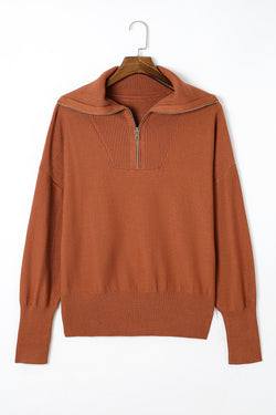 Pull marron à col zippé et bordure côtelée unie, grande taille