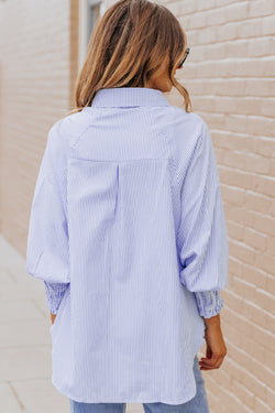 Striped Boyfriend shirt with Smocked Blue Sky Reverse with Pocket