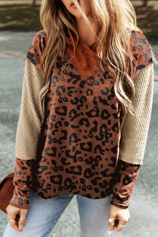 Brown Textured Knit Patchwork Leopard Soodie