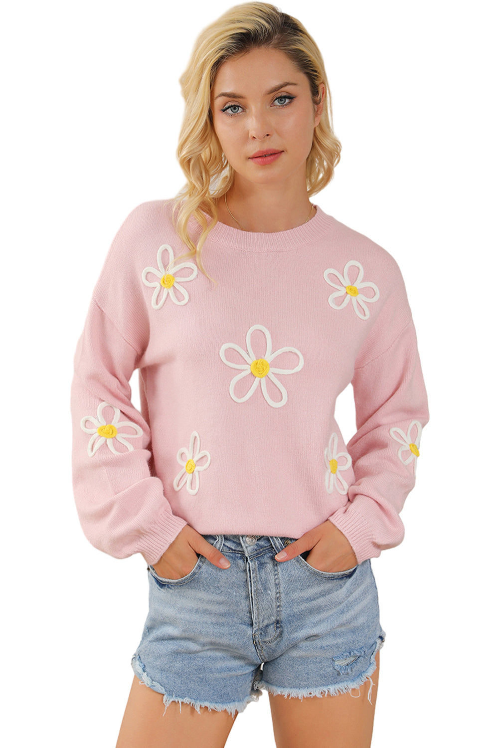 Pink Chenille Daisy Stitching Crew Neckpullover