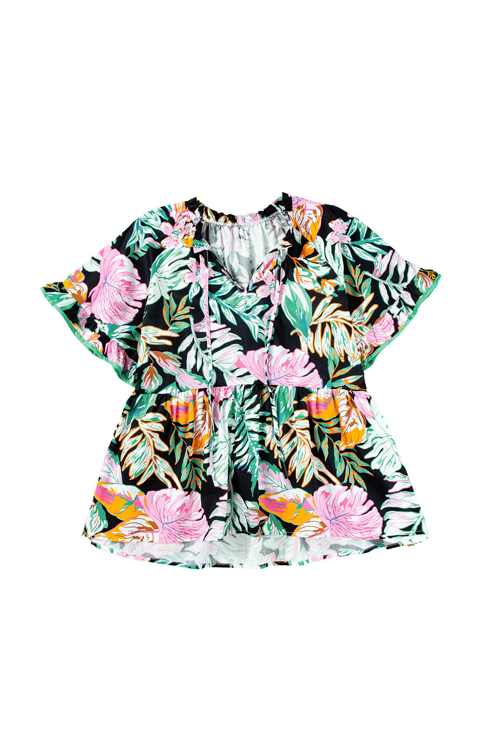 Black Plus Tropical estampado de manga con volantes fluidas